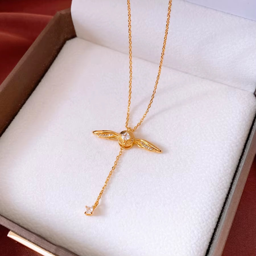 French Light Luxury Style Zircon Wings Pendant Necklace Bamboo Chain Fashion All-Match Jewelry for Women