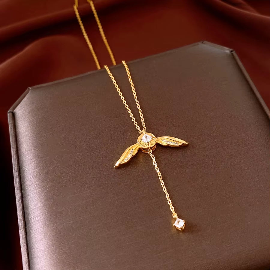 French Light Luxury Style Zircon Wings Pendant Necklace Bamboo Chain Fashion All-Match Jewelry for Women