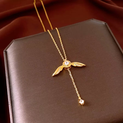 French Light Luxury Style Zircon Wings Pendant Necklace Bamboo Chain Fashion All-Match Jewelry for Women