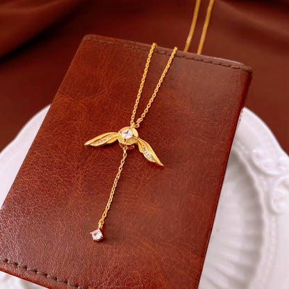 French Light Luxury Style Zircon Wings Pendant Necklace Bamboo Chain Fashion All-Match Jewelry for Women
