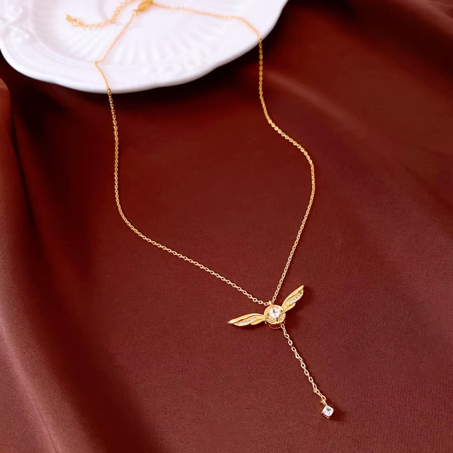 French Light Luxury Style Zircon Wings Pendant Necklace Bamboo Chain Fashion All-Match Jewelry for Women